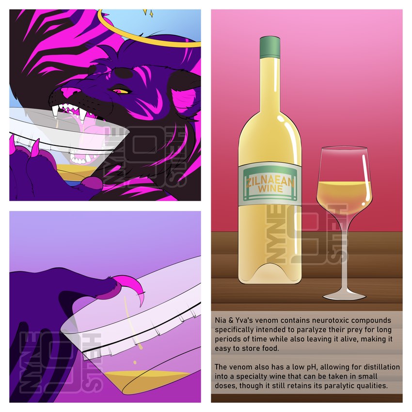 ambiguous_gender claws container cup drinking_glass feral fur glass glass_container glass_cup halo information_box lore magenta_fur purple_body purple_fur solo text venom venom_milking wine_bottle wine_glass wing_claws wings zilnae nynehells nia_&_yva felid feline mammal pantherine tiger 1:1 english_text hi_res watermark