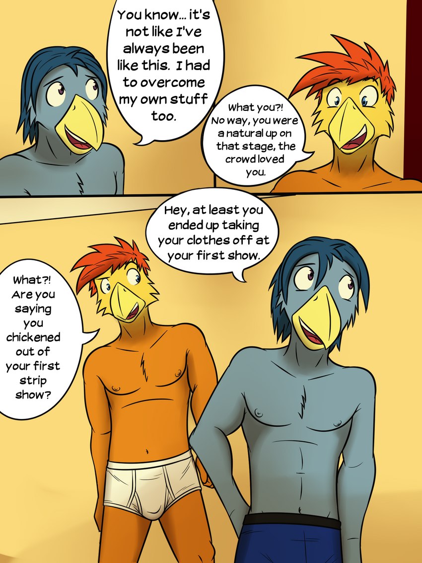 anthro briefs bulge clothed clothing dialogue male nipples text tighty_whities topless underwear white_briefs white_clothing white_underwear fuze texnatsu johnny_(texnatsu) josh_oliver avian bird bluebird chicken galliform gallus_(genus) oscine passerine phasianid thrush_(bird) 3:4 comic english_text hi_res