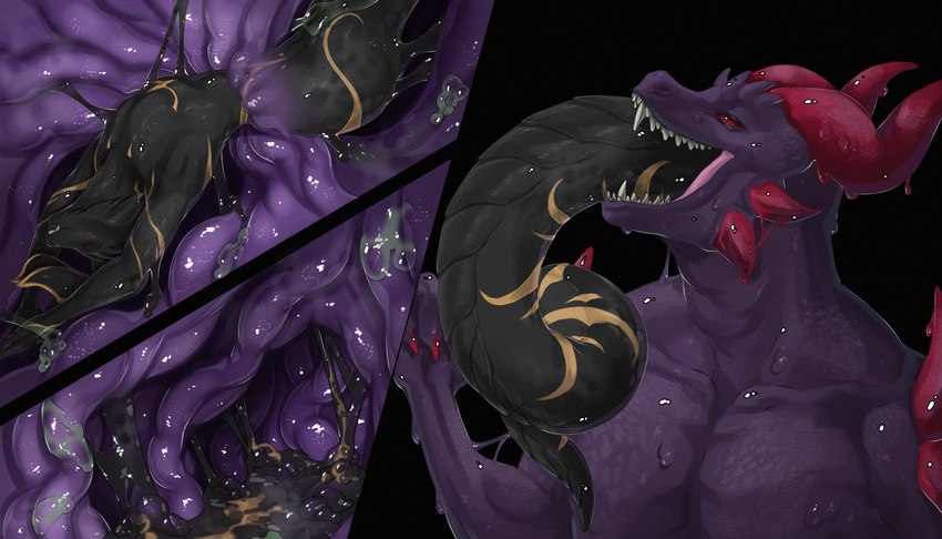 abs anthro apode bodily_fluids claws detailed_internal digestion digestion_sequence digestive_fluids drooling duo duo_focus esophageal_sphincter fangs fatal_vore goo_drip gooey_digestion group guts horn inside_stomach internal legless male male/male male_pred male_prey melting_digestion muscular muscular_anthro muscular_male open_mouth oral_vore organs pecs purple_body red_eyes saliva saliva_string same_size_vore serpentine simple_background slime smile sphincter squish stomach stomach_acid tail teeth throat vore willing_pred willing_prey mzmrt mythology devourer_(razor_koopa) falconaris draconcopode dragon goo_creature goo_dragon mythological_creature mythological_scalie naga reptile scalie snake 7:4 absurd_res comic digital_media_(artwork) hi_res