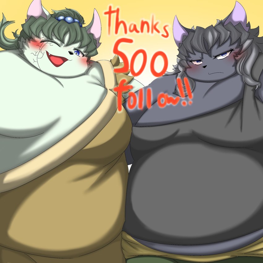 angry anthro belly black_body black_fur blush clothing duo fur hair long_hair male male/male moobs one_eye_closed overweight text toga white_body white_fur wink kemoduelist domestic_cat felid feline felis mammal 1:1 english_text hi_res