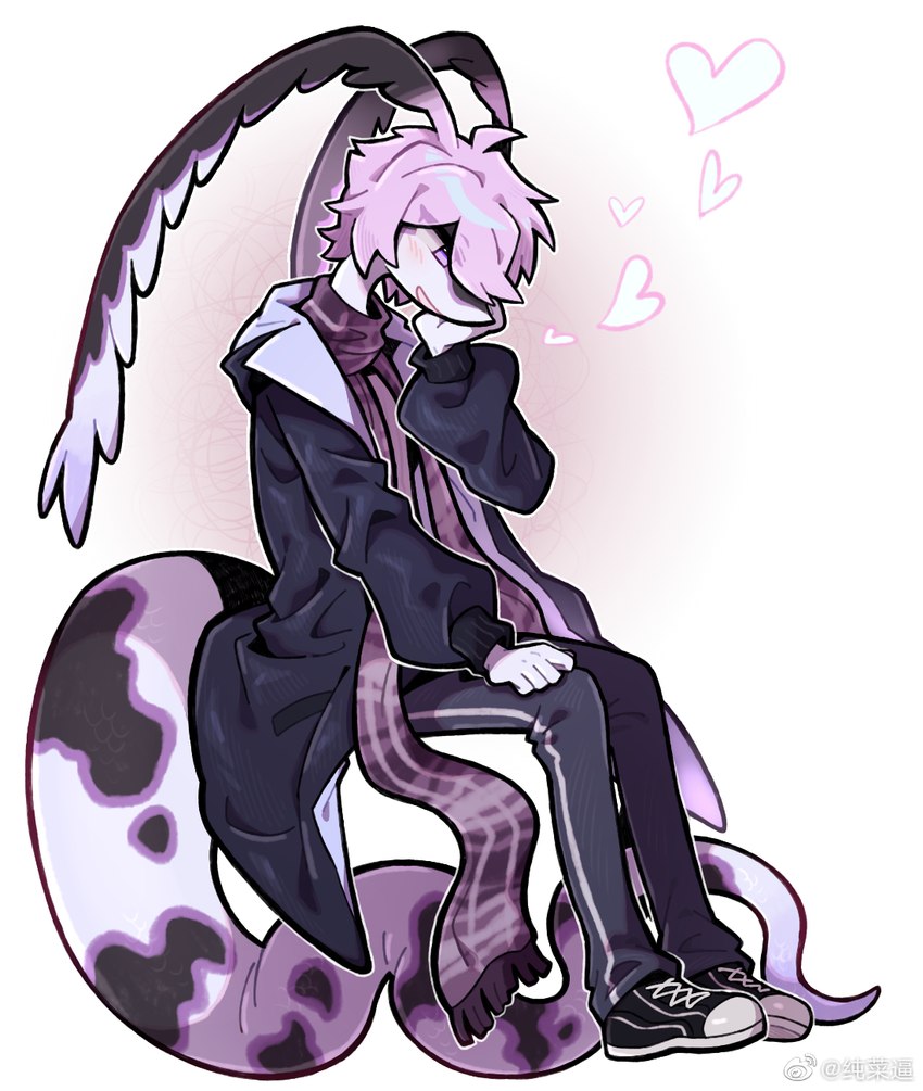 anthro bottomwear clothed clothing female footwear hair heart_symbol kemono pants purple_body purple_hair purple_scales scales scarf shoes sitting smile solo thin_calves thin_legs thin_thighs weibo_logo white_body white_scales zhang_gun weibo xiaohen_(zhang_gun) reptile scalie snake 2023 hi_res