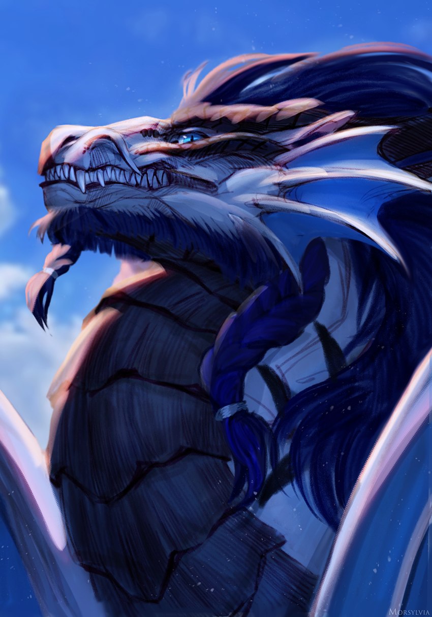 ambiguous_feral ambiguous_gender black_body black_scales blue_eyes day detailed_background feral outside scales sky teeth morsylvia mythology dragon mythological_creature mythological_scalie scalie 2023 digital_media_(artwork) hi_res