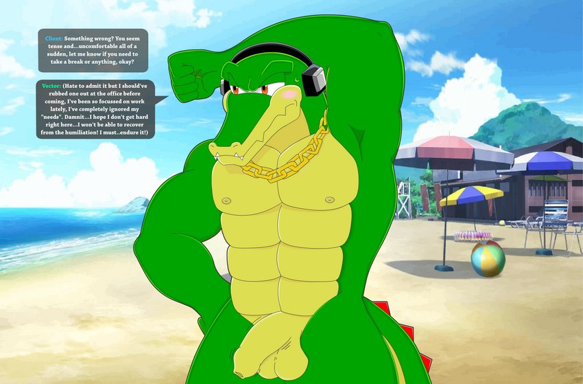 abs anthro balls beach blush collar collar_only electronics embarrassed exhibitionism flaccid flashing foreskin genitals headphones male muscular muscular_anthro muscular_male nipples non-mammal_balls non-mammal_nipples nude penis pronounced_browridge seaside solo speech_bubble text meteorsmash sega sonic_the_hedgehog_(series) vector_the_crocodile crocodile crocodilian reptile scalie absurd_res english_text hi_res