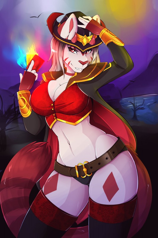 5_fingers anthro belt big_breasts breasts cape cleavage clothed clothing detailed_background female fingerless_gloves fingers front_view gloves hair handwear hat headgear headwear horn legwear looking_at_viewer midriff navel outside plant pose red_eyes skimpy sky solo standing stockings tree underwear water kammymau league_of_legends riot_games tencent twisted_fate_(lol) canid canine fox mammal 2014 2:3 absurd_res digital_media_(artwork) hi_res