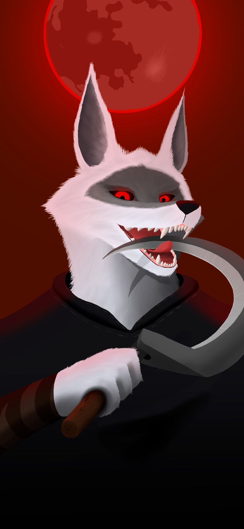 anthro black_poncho blood_moon cloak clothing facial_markings fangs full_moon fur fuzzy glowing glowing_eyes grey_body grey_fur grey_head head_markings holding_object holding_weapon licking_weapon looking_at_viewer male markings mask_(marking) melee_weapon moon open_mouth poncho red_background red_eyes sickle simple_background smile solo teeth tongue tongue_out weapon white_body white_fur white_hands white_head arct1c dreamworks puss_in_boots_(franchise) death_(puss_in_boots) canid canine canis mammal wolf absurd_res hi_res portrait