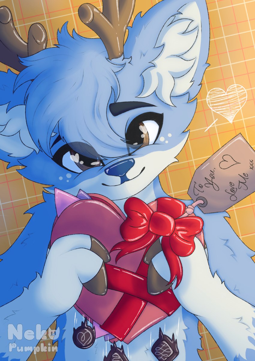 anthro antlers blue_body blue_fur box_of_chocolates candy chocolate deer_nose dessert food fur fur_markings gift heart_eyes heart_symbol holidays horn looking_at_viewer male markings name_tag simple_background smile smiling_at_viewer solo nekopumpkin valentine's_day deer mammal absurd_res hi_res