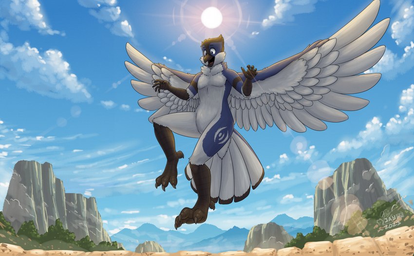 3_toes 5_fingers anthro arm_stripes arm_tuft avalonblueavian back_wings beak black_beak black_body black_claws black_eyebrows black_feathers blue_body blue_eyes blue_feathers blue_sky cheek_tuft claws countershade_face countershade_legs countershade_torso countershading day detailed_background dipstick_feathers dipstick_tail elbow_tuft eyebrows facial_markings facial_tuft feathered_wings feathers featureless_crotch feet fingers flying head_markings head_tuft knee_tuft leg_markings leg_tuft lens_flare light light_beam logo low-angle_view male markings mountain neck_tuft nude open_beak open_mouth outside outstretched_arms pink_tongue plant rock shrub sky solo sun sunbeam sunlight tail tail_feathers tail_markings thigh_markings toes tongue tuft white_body white_clouds white_feathers wings sammfeatblueheart european_mythology greek_mythology mythology avalon avalon_(blueavian) avalondragon avalonjay avian bird blue_jay corvid jay_(bird) mythological_avian mythological_bird mythological_creature mythological_firebird new_world_jay oscine passerine phoenix 2023 artist_logo hi_res shaded signature