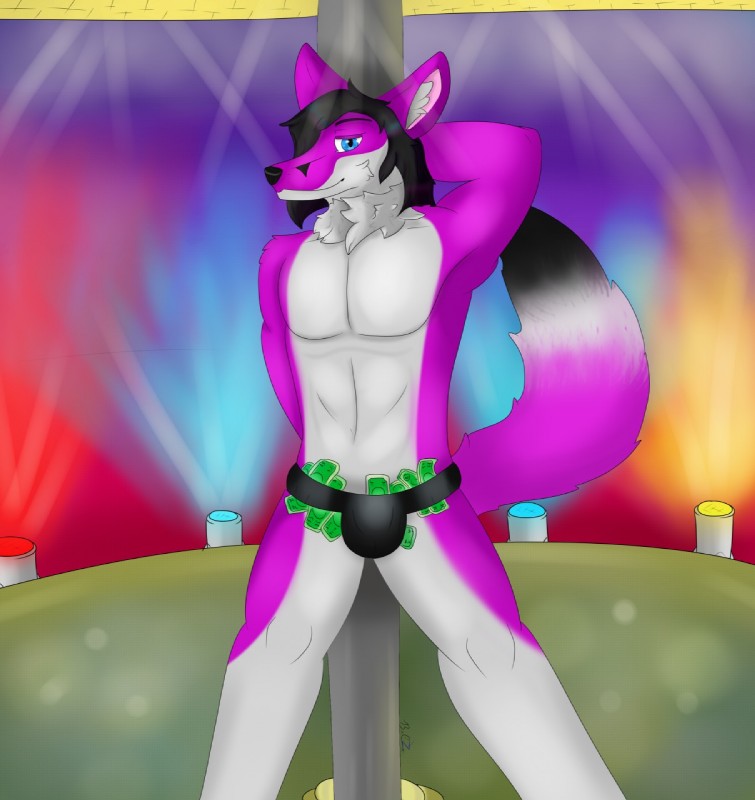 anthro black_hair blue_eyes bulge clothed clothing fur hair looking_at_viewer male purple_body purple_fur solo stripper topless tuft avantle canid canine fennec_fox fox mammal true_fox hi_res