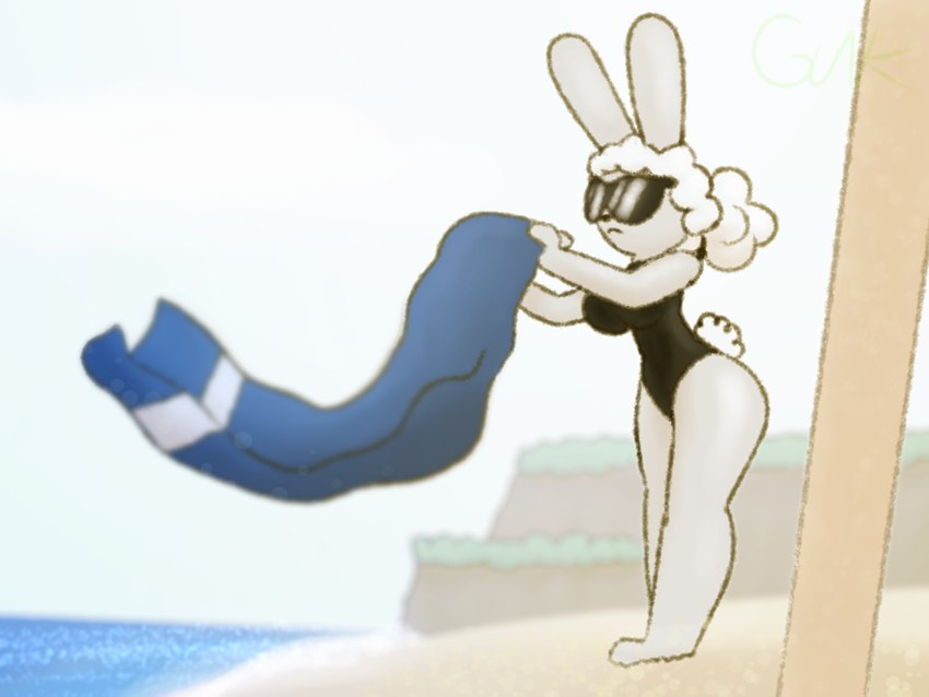 anthro beach beach_towel big_breasts black_clothing black_swimwear blurred_background breasts clothing curvy_figure eyewear female fluffy fluffy_hair fluffy_tail fur grey_body grey_fur hair hair_bun one-piece_swimsuit sea solo sunglasses swimwear tail text thick_thighs towel water white_hair guak ashely_winters_(guak) lagomorph leporid mammal rabbit 4:3