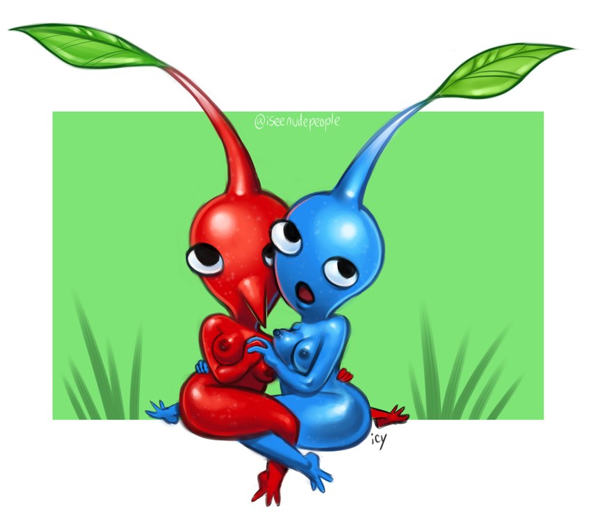 black_eyes blue_body breasts butt duo female holding_another holding_each_other leaf_(anatomy) nipples not_furry nude open_mouth plant red_body simple_background thick_thighs iseenudepeople nintendo pikmin blue_pikmin elemental_creature elemental_humanoid flora_fauna humanoid mammal pikmin_(species) plant_humanoid red_pikmin 2022 absurd_res hi_res