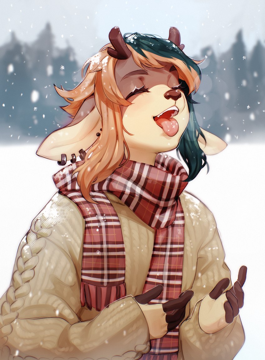 ambiguous_gender anthro antlers clothing ear_piercing ear_ring hair happy horn multicolored_hair outside piercing ring_piercing scarf snow snowflake solo sweater tongue tongue_out topwear winter eerieeyes lyn_(lazysnout) deer mammal digital_media_(artwork) half-length_portrait hi_res portrait shaded