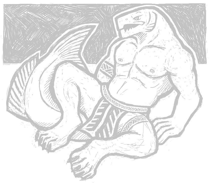 4_toes anthro bottomwear clothed clothing digitigrade feet loincloth loincloth_only male muscular nipples open_mouth sitting solo tattoo toes topless snarkysardine chinook_salmon fish marine salmon salmonid_(fish) 2018 full-length_portrait greyscale hi_res monochrome portrait sketch