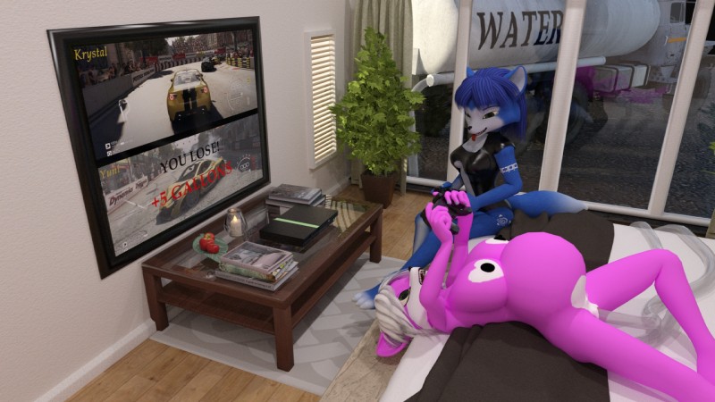 anthro bed belly belly_expansion big_breasts black_nipples blue_body blue_fur blue_hair breasts building candle car coffee_table controller detailed_background duo electronics expansion female floor fur furniture game_controller game_screen gaming glass glass_furniture glass_table hair heavy_truck holding_controller holding_game_controller holding_object house hud inflation inside liquid_inflation lit_candle multiplayer multiplayer_game_screen nipples pink_body pink_fur playing_video_game playstation_controller screen split_screen_multiplayer table tank_truck television tongue tongue_out truck vehicle water water_inflation white_hair wireless_controller wood wood_floor littlefisky codemasters dualshock dualshock_2 grid_(series) grid_autosport mclaren nintendo playstation playstation_2 sony_corporation sony_interactive_entertainment star_fox subaru krystal_(star_fox) yuni_hermit canid canine canis fox mammal wolf 16:9 3d_(artwork) digital_media_(artwork) hi_res widescreen