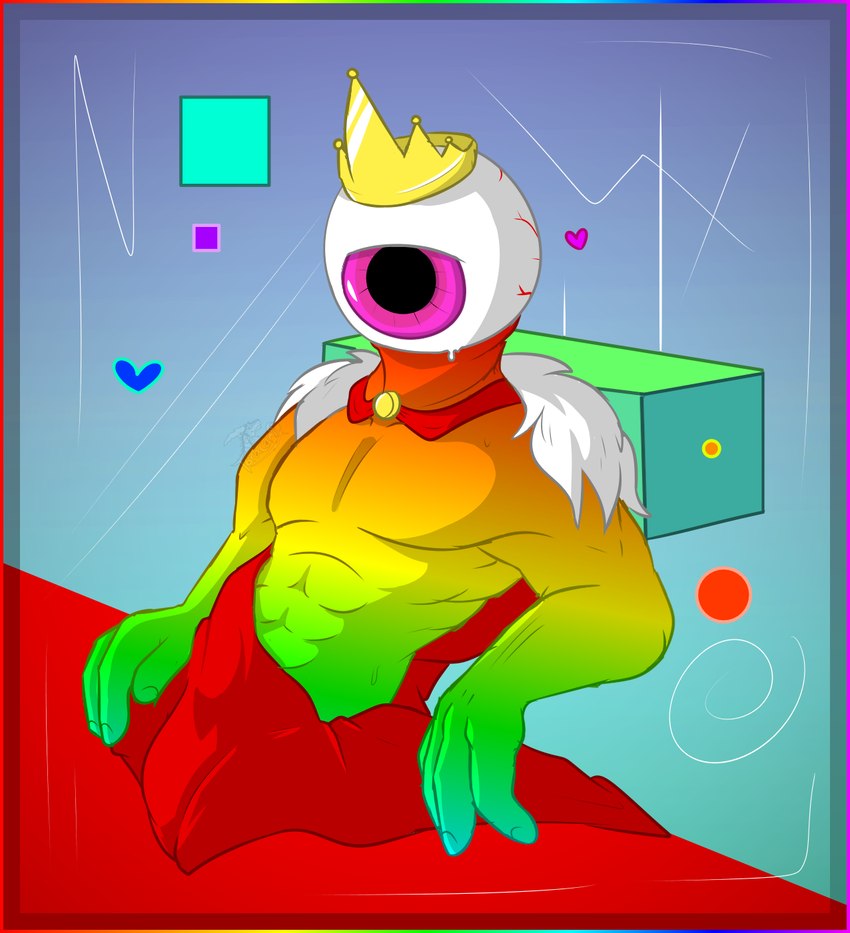 1_eye 4_fingers abs bloodshot_eyes bodily_fluids bulge cape clasp clothing covering covering_crotch covering_penis crown eyeball fingers for_a_head fur geometric_background gold_crown gradient gradient_background gradient_body half-closed_eyes half_body headgear heart_symbol king leaning leaning_backward looking_at_viewer male multicolored_body muscular muscular_male narrowed_eyes not_furry pink_eyes rainbow rainbow_body red_clothing robe robe_only royalty simple_background solo suggestive suggestive_look suggestive_pose sweat sweatdrop white_body white_fur toracanix adult_swim cartoon_network smiling_friends oscar_(smiling_friends) critter_(smiling_friends) humanoid object_head colored hi_res shaded