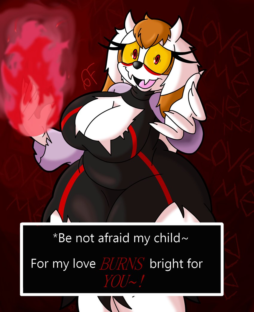 alternate_universe anthro big_breasts breasts cleavage clothed clothing elemental_manipulation extended_arm female fire fire_manipulation fur fusion looking_at_viewer mature_female slightly_chubby slightly_chubby_female solo text thick_thighs white_body white_fur yandere bomba_world12 sega sonic_the_hedgehog_(series) underfell undertale undertale_(series) fan_character toriel toriel_(underfell) torilla_(bomba_world12) vanilla_the_rabbit boss_monster_(undertale) bovid caprine goat lagomorph leporid mammal rabbit english_text hi_res mother_(lore) parent_(lore)