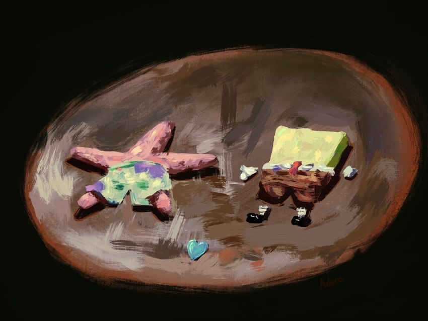 ambiguous_gender bottomwear clothed clothing duo feral heart_symbol necktie shorts simple_background advos nickelodeon spongebob_squarepants patrick_star spongebob_squarepants_(character) asteriid asterozoan echinoderm marine pink_sea_star pisaster sea_sponge starfish 4:3 digital_media_(artwork) hi_res