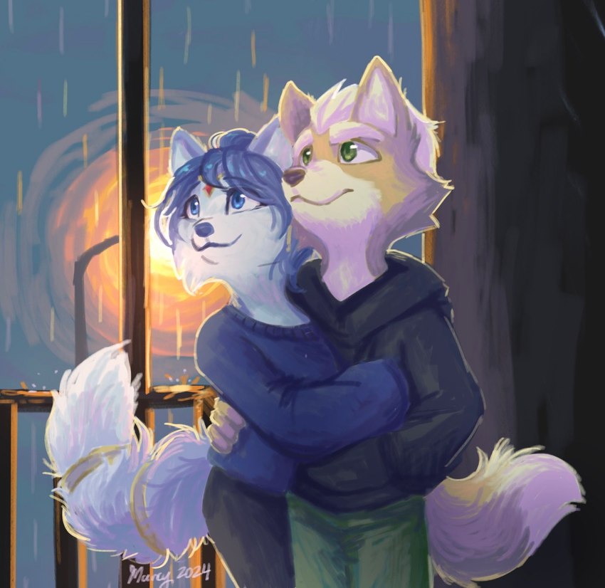 accessory anthro blue_body blue_eyes blue_fur blue_hair canon_couple clothing duo female fur furgonomics green_eyes hair hug hugging_another jacket male male/female night orange_body orange_fur pole railing raining smile street_lamp sweater tail tail_accessory tailband topwear white_body white_fur snowy18 nintendo star_fox fox_mccloud krystal_(star_fox) canid canine fox mammal 2024 digital_media_(artwork) digital_painting_(artwork) hi_res shaded