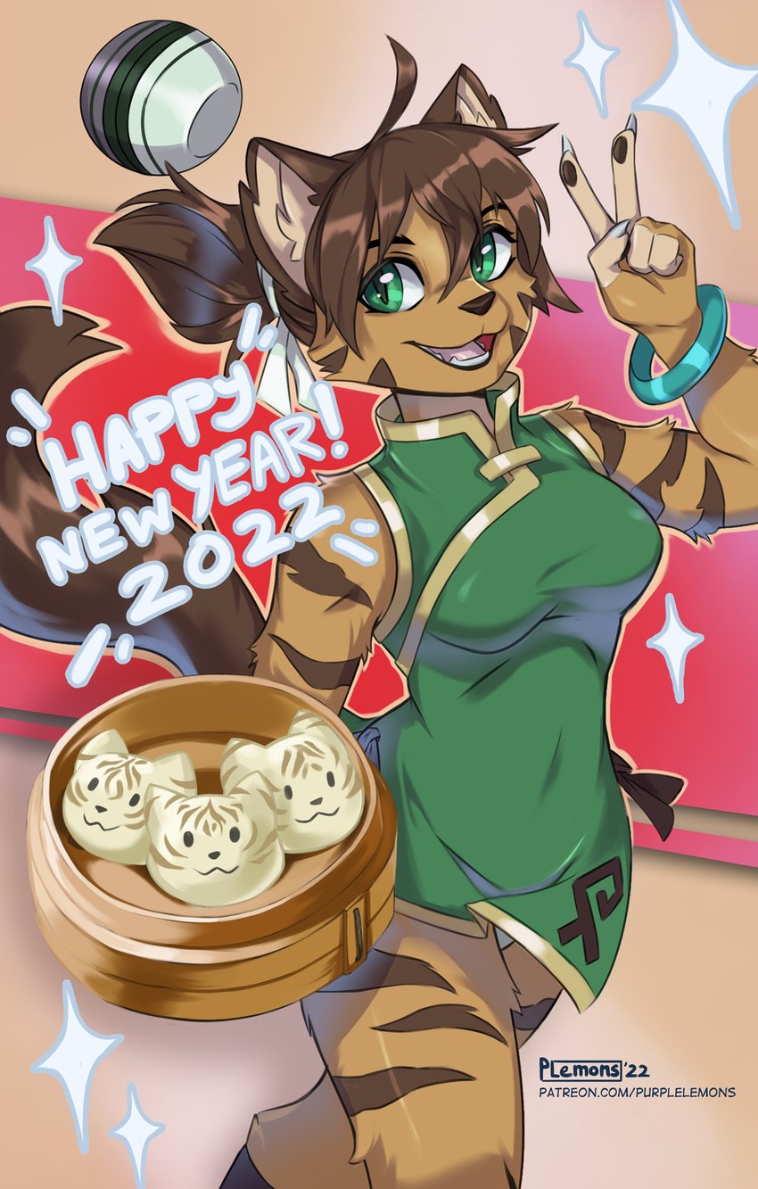 chinese dumplings female food holidays solo purplelemons chinese_zodiac new_year new_year_2022 year_of_the_tiger lin domestic_cat felid feline felis mammal pantherine tiger digital_media_(artwork) hi_res shaded