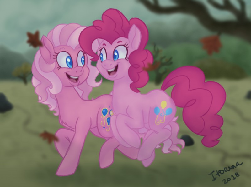 blue_eyes detailed_background duo female fur hair past_meets_present pink_body pink_fur pink_hair pre-g4 square_crossover itoruna friendship_is_magic hasbro mlp_g3 my_little_pony pinkie_pie_(g3) pinkie_pie_(mlp) earth_pony equid equine horse mammal pony 2018 digital_media_(artwork) hi_res