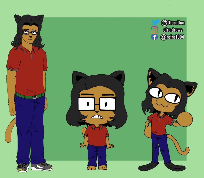 anthro barefoot belt black_hair bottomwear cat_tail clothing denim denim_bottomwear denim_clothing eyewear feet footwear glasses group hair jeans long_hair male male/male pants pupils shirt shoes slit_pupils sneakers topwear trio efradraws efrasona domestic_cat felid feline felis mammal absurd_res digital_drawing_(artwork) digital_media_(artwork) hi_res