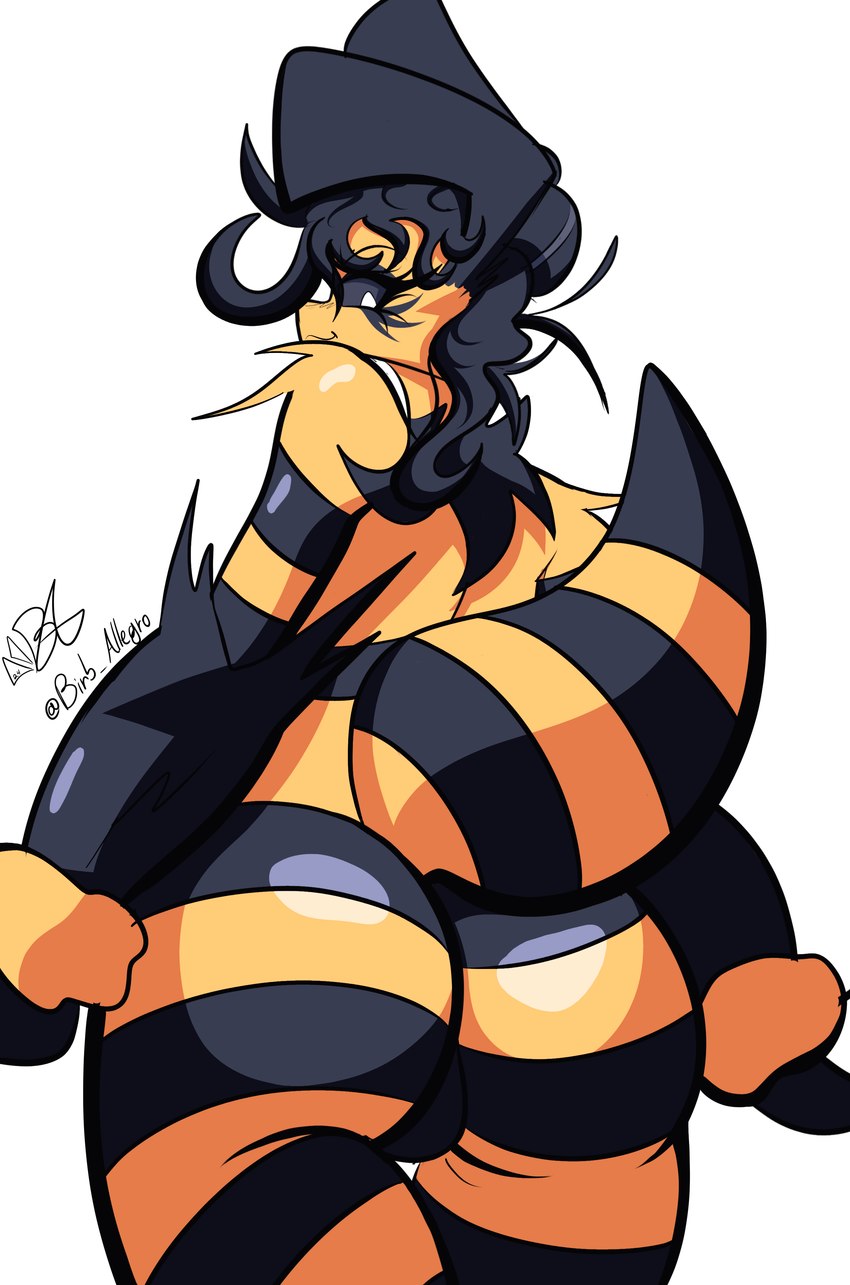 anthro big_butt black_body black_hair black_sclera black_text butt female fluffy hair hair_bun looking_at_viewer looking_back looking_back_at_viewer nude solo stinger striped_body striped_butt stripes text thick_thighs yellow_body birb_allegro peanut_(birb_allegro) arthropod bee hymenopteran insect absurd_res hi_res