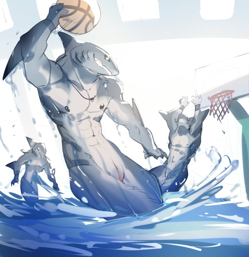 abs animal_genitalia anthro ball basketball basketball_(ball) fin genital_slit genitals gills grey_body group holding_ball holding_basketball holding_object male muscular muscular_anthro muscular_male nipples non-mammal_nipples nude partially_submerged yellow_eyes dr.kiyo fish marine shark 2021 hi_res