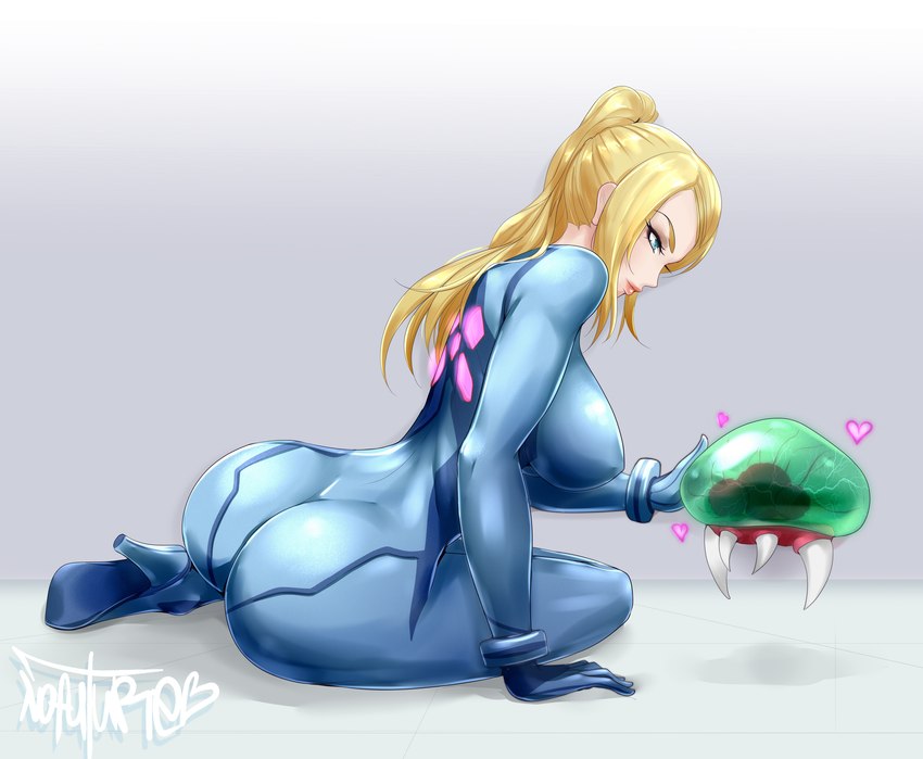 ambiguous_gender blonde_hair bodysuit breasts butt clothing duo female hair heart_symbol not_furry petting ponytail skinsuit tight_clothing zero_suit nofuture metroid nintendo samus_aran the_baby alien human mammal metroid_(species) 2021 hi_res