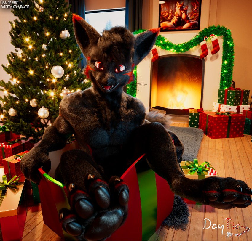 anthro black_body black_fur black_hair box christmas_lights christmas_tree container floor fur gift_box hair holidays looking_at_viewer male muscular open_mouth paws plant pose posed red_body red_eyes red_fur smile snow solo tail tree warm_lighting window window_light wood wood_floor daytia c4d christmas fairprice rexouium 3d_(artwork) absurd_res cinema_4d_(artwork) digital_media_(artwork) hi_res warm_colors