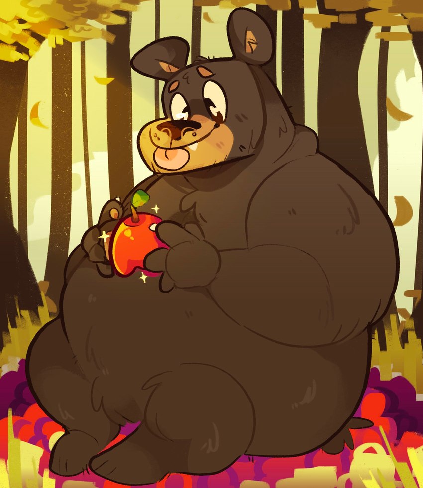 anthro apple big_eyes blep food forest fruit holding_food holding_object leaf male outside overweight overweight_anthro overweight_male plant sitting smile solo tongue tongue_out tree scraffyraccoon bear brown_bear mammal ursine 2021 hi_res