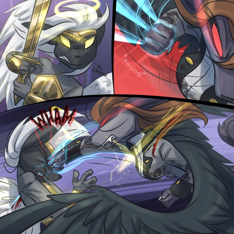 angry anthro armor black_body black_fur black_wings bleed_through blood bodily_fluids brown_body brown_fur brown_hair claws cuff_(restraint) dialogue fangs female fur grey_body grey_fur hair headgear holding_melee_weapon holding_object holding_sword holding_weapon impalement magic_user male melee_weapon red_eyes restraints sword teeth text weapon white_wings wings wounded wrist_cuffs yellow_eyes ripli a_story_with_a_known_end clementine_(aswake) shad angel canid canine felid mammal 1:1 comic english_text translated