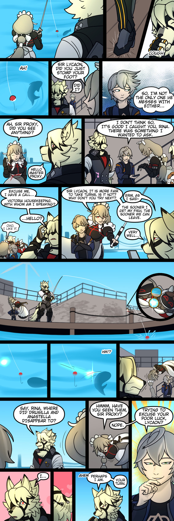 dialogue fishing male male/male tail tail_motion tailwag trashbadger mihoyo zenless_zone_zero alexandrina_sebastiane von_lycaon wise_(zenless_zone_zero) canid canine canis human mammal thiren wolf 1:3 absurd_res comic hi_res