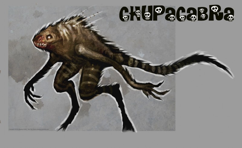 4_fingers ambiguous_gender blood bodily_fluids bone empty_eyes feral fingers fur grey_background markings quills_(anatomy) sharp_teeth simple_background skull solo striped_body striped_fur striped_markings striped_tail stripes tail tail_markings teeth text unknown_artist american_mythology mythology timesplitters chupacabra cryptid concept_art hi_res official_art spanish_text species_name translated