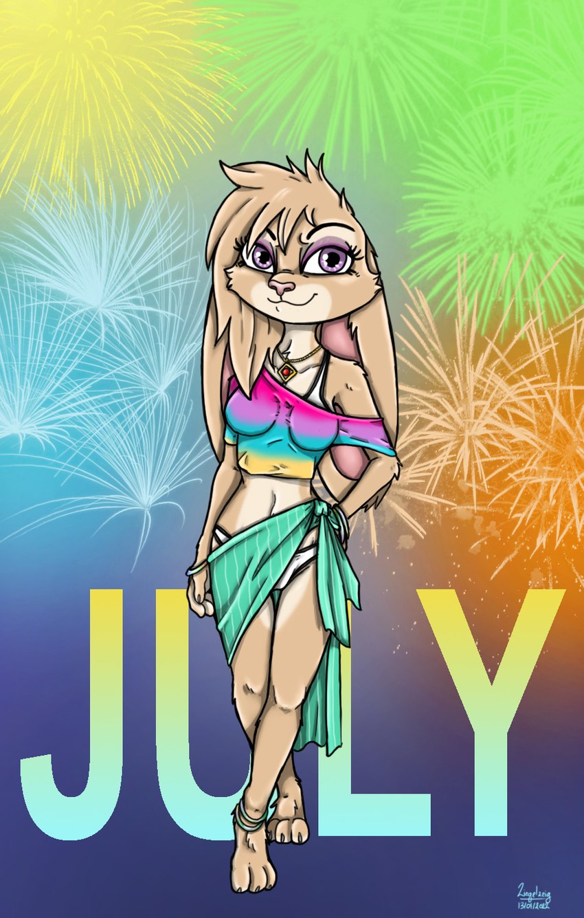 3_toes 4_fingers anklet anthro barefoot bikini claws clothing crop_top feet female fingers fur jewelry july_(month) necklace pink_nose purple_eyes sand_fur shirt smile smiling_at_viewer solo straps swimwear toe_claws toes topwear towel two-piece_swimsuit white_body white_fur ziegelzeig bad_guy_cafe nadine_hasina_(anheledir) lagomorph leporid mammal rabbit hi_res