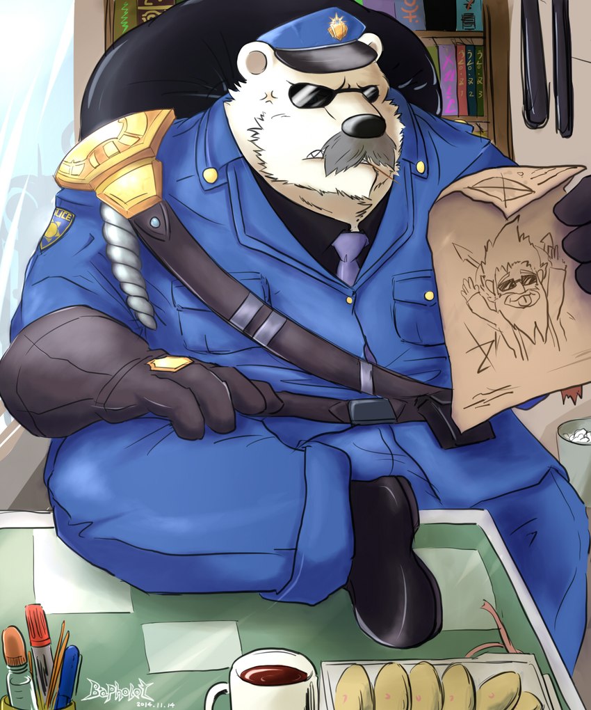 angry anthro black_nose book bookshelf bottomwear clothing container cup eyewear facial_hair furniture hat headgear headwear humanoid_hands kemono male mug mustache necktie pants police police_officer police_uniform shirt sitting solo sunglasses topwear uniform mtflying30371 league_of_legends riot_games tencent volibear bear mammal polar_bear ursine 2014 5:6 hi_res