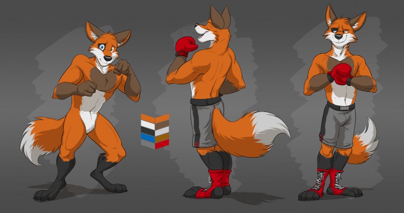 4_toes abs anthro biceps bottomwear boxing boxing_gloves claws clothed clothing digitigrade featureless_crotch feet fur gloves handwear male muscular muscular_anthro muscular_male nude pecs plantigrade shorts solo sport standing toe_claws toes topless temiree canid canine fox mammal