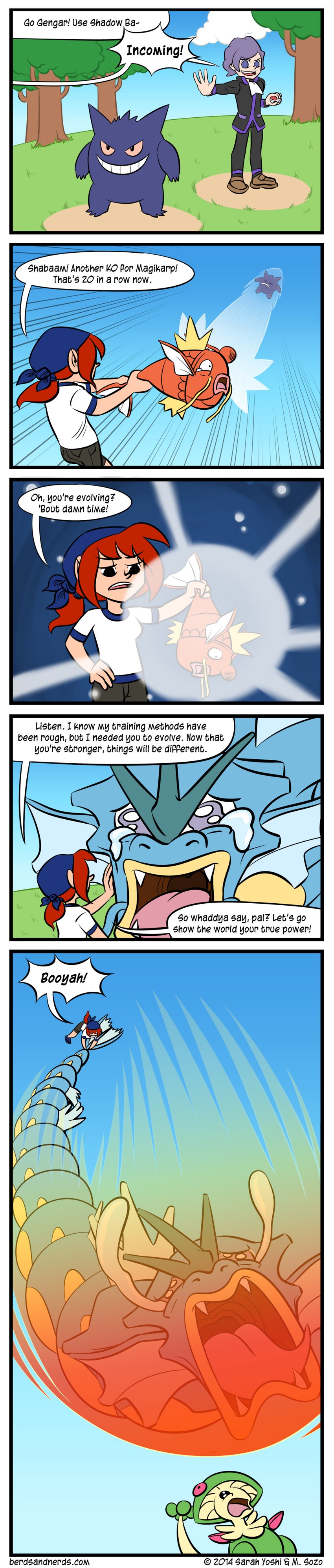 ambiguous_gender bodily_fluids clothed clothing crying dialogue female larger_ambiguous shirt size_difference smaller_female tears text topwear wounded berdsandnerds nintendo pokemon breloom generation_1_pokemon generation_3_pokemon gengar gyarados human magikarp mammal pokemon_(species) 2014 absurd_res comic english_text hi_res long_image tall_image url