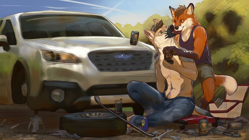 5_fingers anthro car clothed clothing crowbar day detailed_background duo fingers male male/male outside sky smile tools vehicle blindcoyote subaru wd-40 canid canine fox mammal 16:9 2021 absurd_res digital_media_(artwork) hi_res widescreen