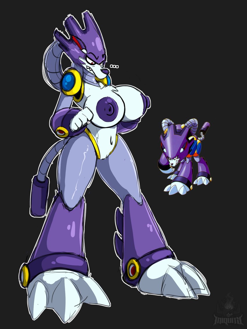 anthro armor big_breasts breasts claws confusion female gem headgear helmet looking_at_breasts machine nipples purple_body purple_nipples red_eyes solo spikes standing tail teeth teeth_showing tube iniquity capcom mega_man_(series) treble_(mega_man) canid canine canis mammal robot wolf hi_res