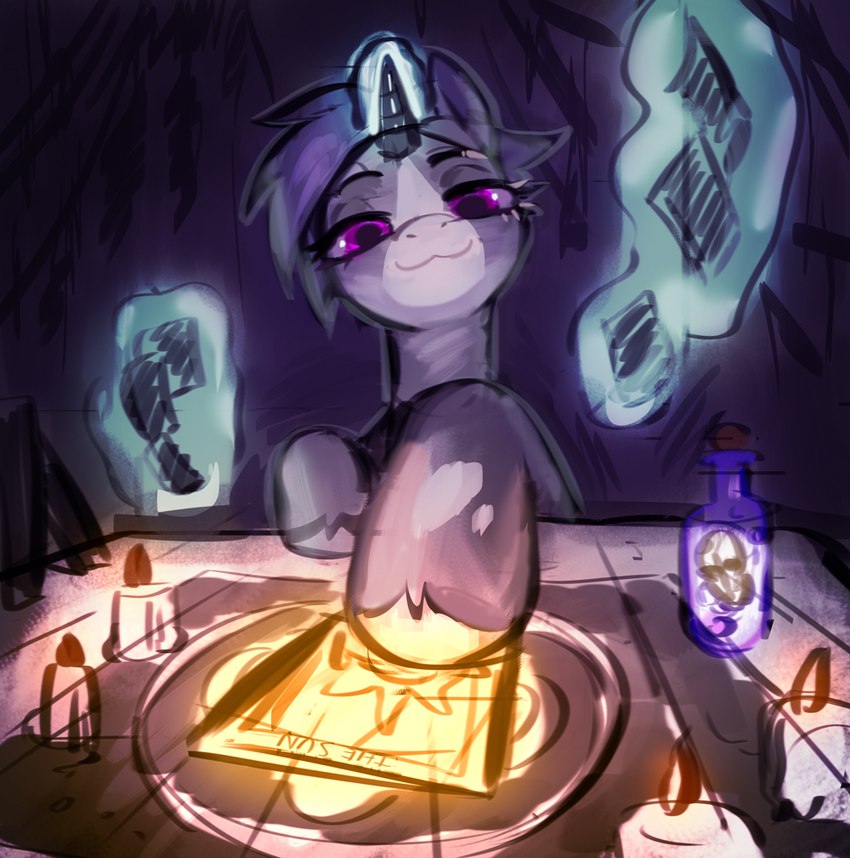 ambiguous_gender candle card_game feral fur gaming hair hooves horn magic purple_eyes smile solo hauringu hasbro inscryption my_little_pony mythology equid equine mammal mythological_creature mythological_equine unicorn 2022 digital_media_(artwork)