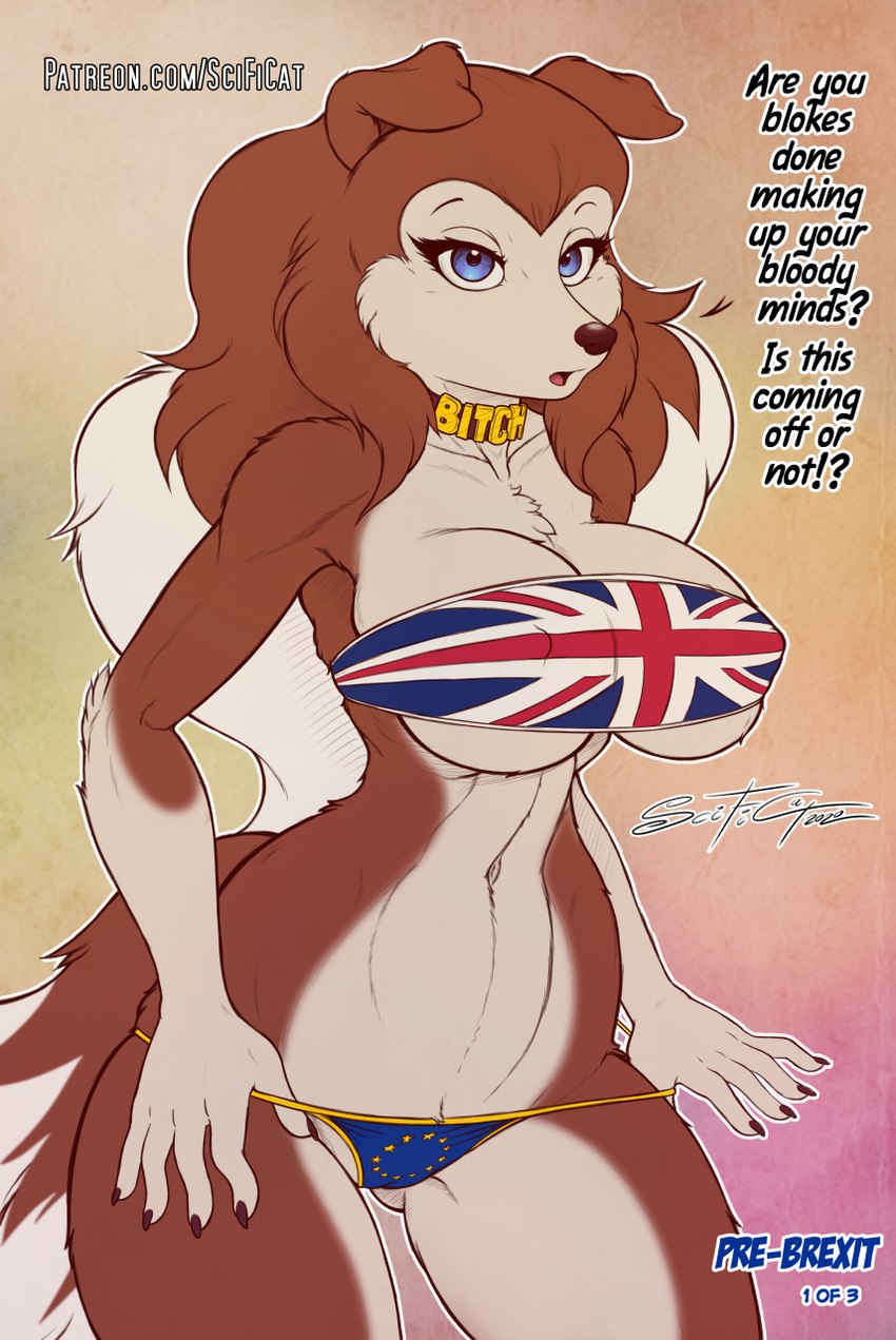 anthro bandeau bandeau_bikini big_breasts bikini black_nose blue_eyes breasts brown_body brown_fur brown_hair button_ears camel_toe choker clothing countershade_crotch countershade_face countershade_fur countershade_legs countershade_neck countershade_thighs countershade_torso countershading eu_flag eu_flag_bikini eyelashes female flag_bikini floppy_ears fur hair jewelry long_hair looking_at_viewer multicolored_body multicolored_fur multicolored_hair navel necklace nipple_outline open_mouth outline profanity solo standing strapless_bikini strapless_clothing strapless_swimwear swimwear tail text thick_thighs topwear two-piece_swimsuit two_tone_body two_tone_fur two_tone_hair under_boob union_jack union_jack_bikini white_body white_countershading white_fur white_hair white_outline wide_hips scificat road_rovers colleen_(road_rovers) canid canine canis domestic_dog mammal english_text hi_res url