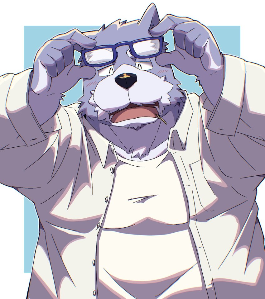 anthro biped clothing eyes_closed eyewear glasses humanoid_hands kemono male open_mouth overweight overweight_male shirt simple_background smile solo topwear emufu canid canine canis domestic_dog mammal 2024 hi_res portrait