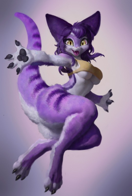 anthro bottomless breasts butt clothed clothing female fur hair looking_at_viewer open_mouth purple_body purple_fur purple_hair solo stripes tail thick_thighs under_boob wide_hips yellow_eyes veramundis tsukiyo unknown_species 2019 absurd_res digital_media_(artwork) digital_painting_(artwork) hi_res