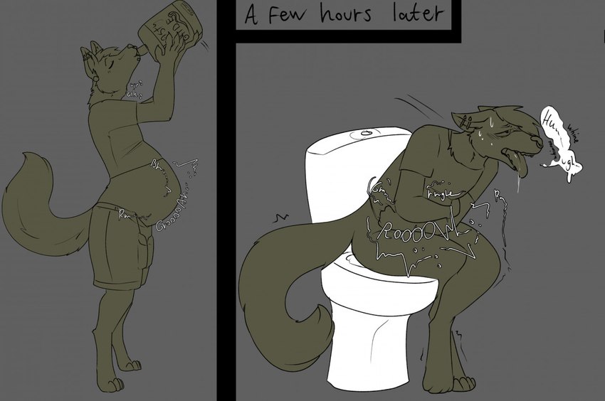 ambiguous_gender anthro belly belly_inflation big_belly bloated clothed clothing drinking implied_scat indigestion inflation lube lube_bottle male partially_clothed pooping rumbling_stomach solo speech_bubble standing text toilet toilet_use upset_stomach emiechii canid canine canis mammal wolf