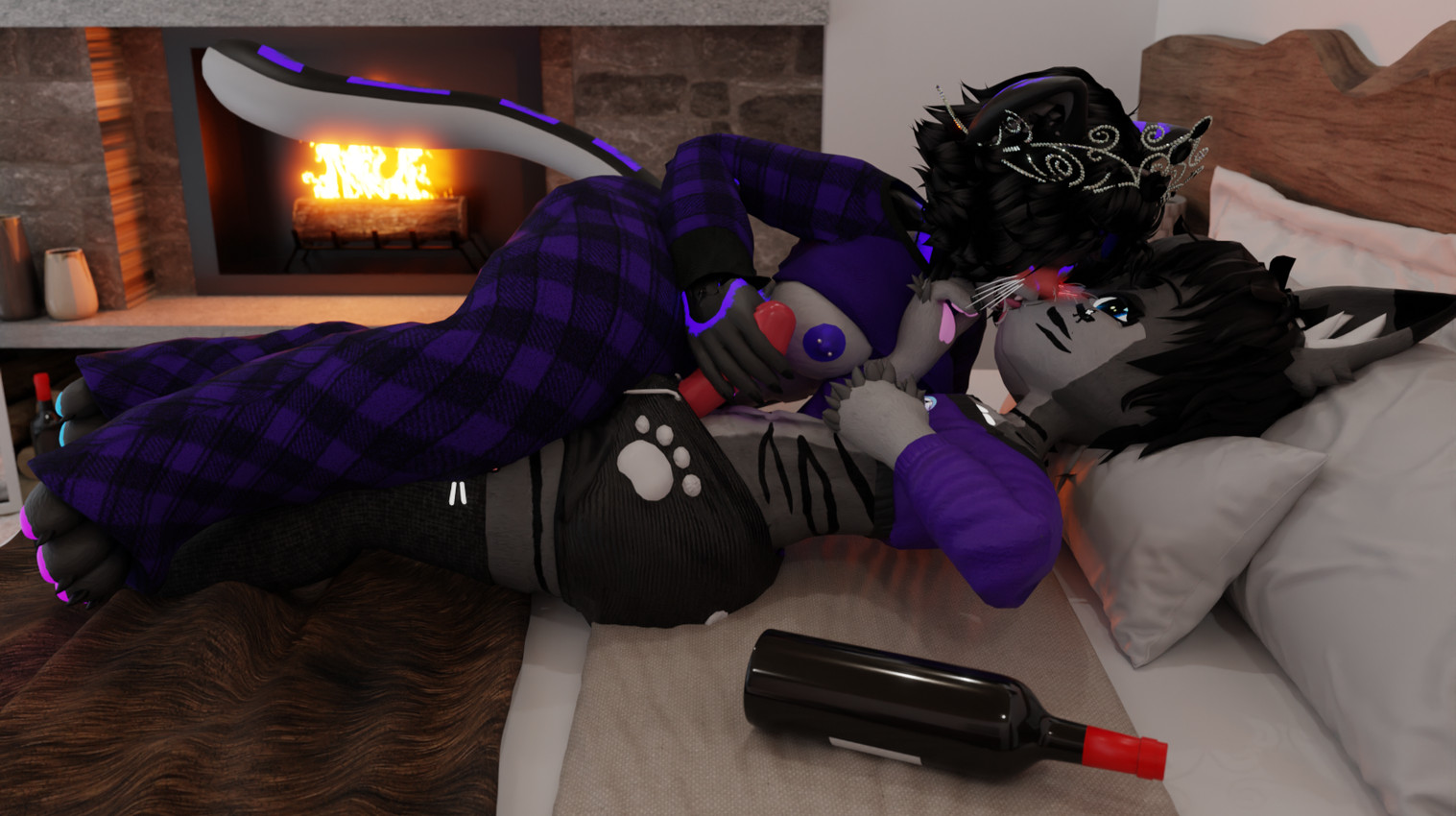 abs alcohol anthro bedroom beverage blush bottomwear breasts cabin clothed clothing cozy crossdressing crown drunk drunk_sex duo female femboy fireplace french_kissing genitals hair headgear kissing legwear male male/female masturbation nipple_piercing nipples pajamas passionate penile penile_masturbation penis piercing purple_body shorts substance_intoxication thigh_highs tiara tongue whiskers wine wine_bottle firephenix made_in_abyss laura_firephenix léo domestic_cat felid feline felis mammal narehate 3d_(artwork) blender_(artwork) blender_cycles_(artwork) digital_media_(artwork) hi_res