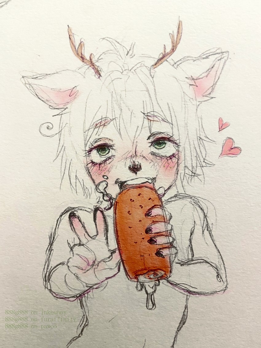 ahegao ahoge anthro antlers bangs blush blush_lines bob_cut cake colored_nails dessert dripping eyelashes fluffy fluffy_hair food food_fetish food_play freckled_face freckles frosting fur gesture green_eyes green_freckles hair half-closed_eyes hand_blush hand_gesture heart_symbol horn innuendo light_hair looking_pleasured male male_anthro monotone_body monotone_fur monotone_hair nails narrowed_eyes nude open_mouth oral scut_tail short_tail simple_background skinny smile solo suggestive suggestive_food tail teeth v_sign white_body white_fur white_hair 888g888 mori_akino_(888g888) deer mammal 2023 3:4 hi_res traditional_media_(artwork) watermark