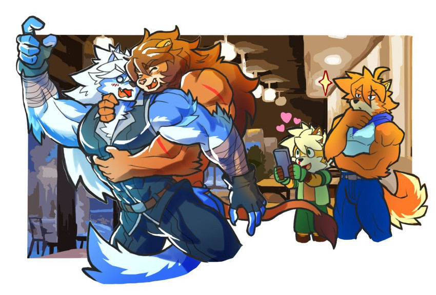 anthro belt biceps clothing fingerless_gloves fur gloves group hair handwear male muscular muscular_male simple_background wolfmalro cheong_hwan jeurantaes sye_(wolfmalro) canid canine canis felid fox lion mammal pantherine wolf 2019 digital_media_(artwork)