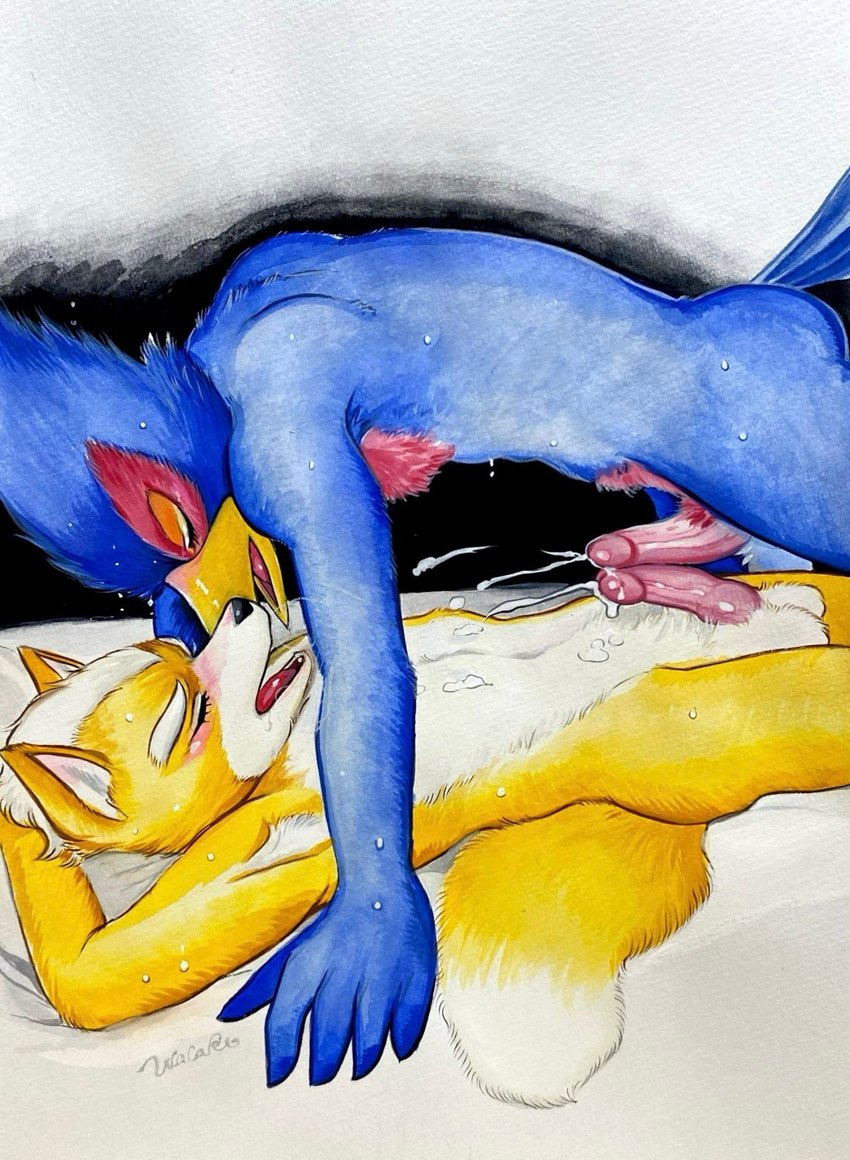 anthro blue_body blush bodily_fluids cum cum_on_belly cum_on_body duo eyes_closed frottage genital_fluids genitals humanoid_genitalia humanoid_penis male male/male orgasm penile penis sex ulala_ko nintendo star_fox falco_lombardi fox_mccloud avian bird canid canine fox mammal hi_res traditional_media_(artwork)