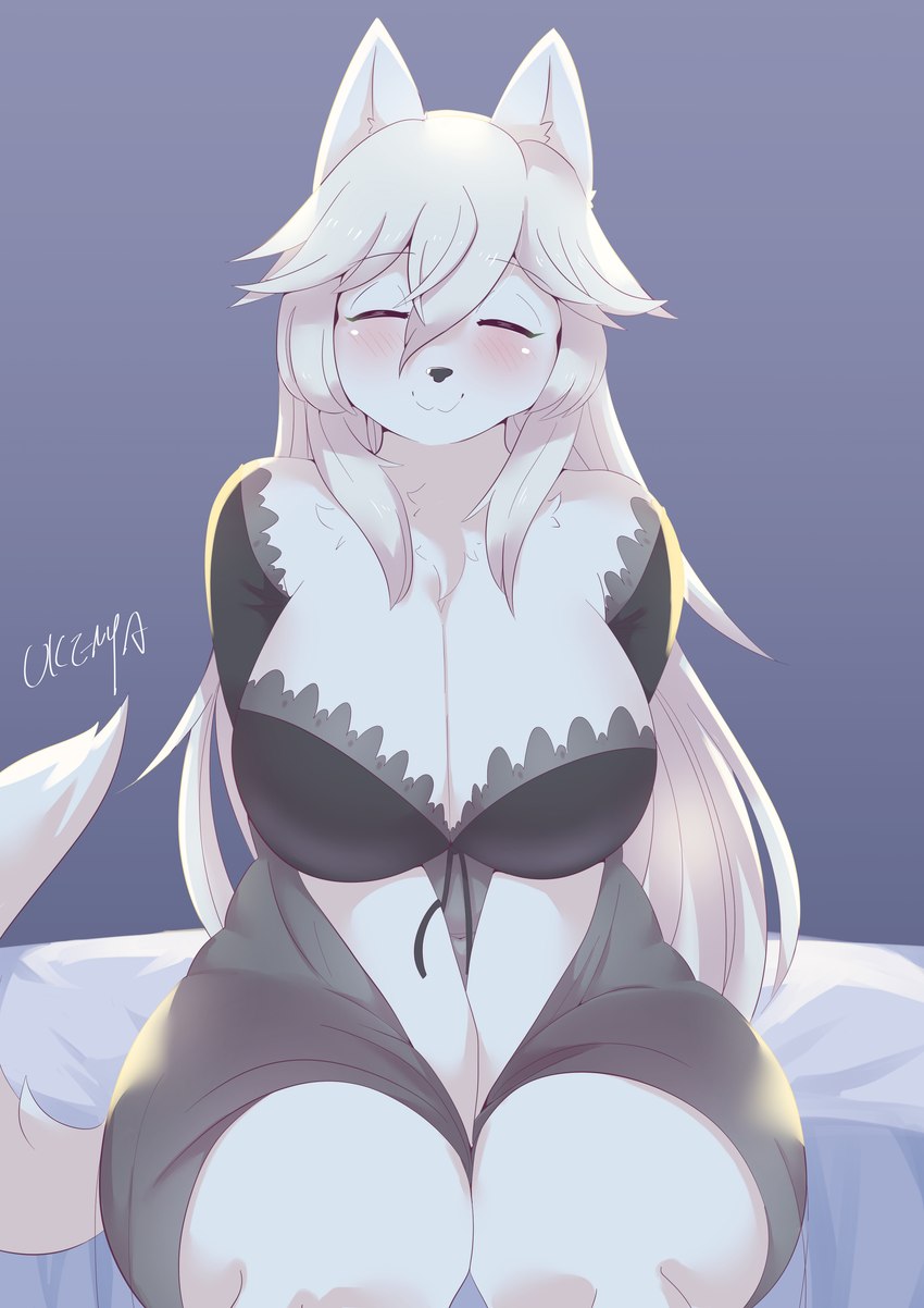 anthro bed big_breasts black_nose blush breasts cleavage clothed clothing curvy_figure eyes_closed female female_anthro fur furniture hair hands_between_legs huge_breasts kemono lingerie long_hair on_bed sitting smile smiling_at_viewer solo thick_thighs voluptuous white_body white_fur white_hair wide_hips ukenya canid canine canis domestic_dog mammal 2021 absurd_res digital_media_(artwork) hi_res signature