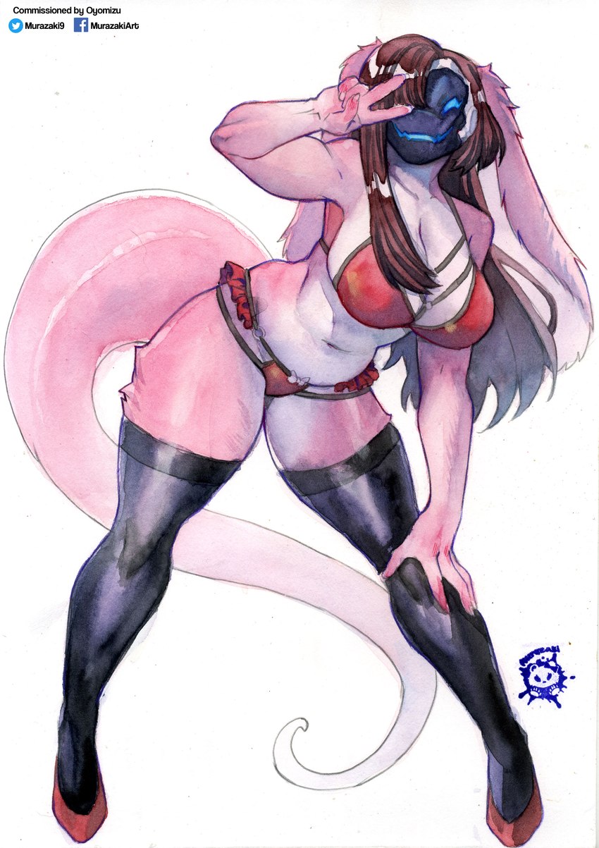 anthro belly big_breasts biped bra breasts clothed clothing female floppy_ears fur gesture hair hand_gesture legwear looking_at_viewer machine navel panties screen simple_background skimpy smile solo standing thigh_highs underwear v_sign wide_hips murazaki mammal protogen absurd_res hi_res traditional_media_(artwork)