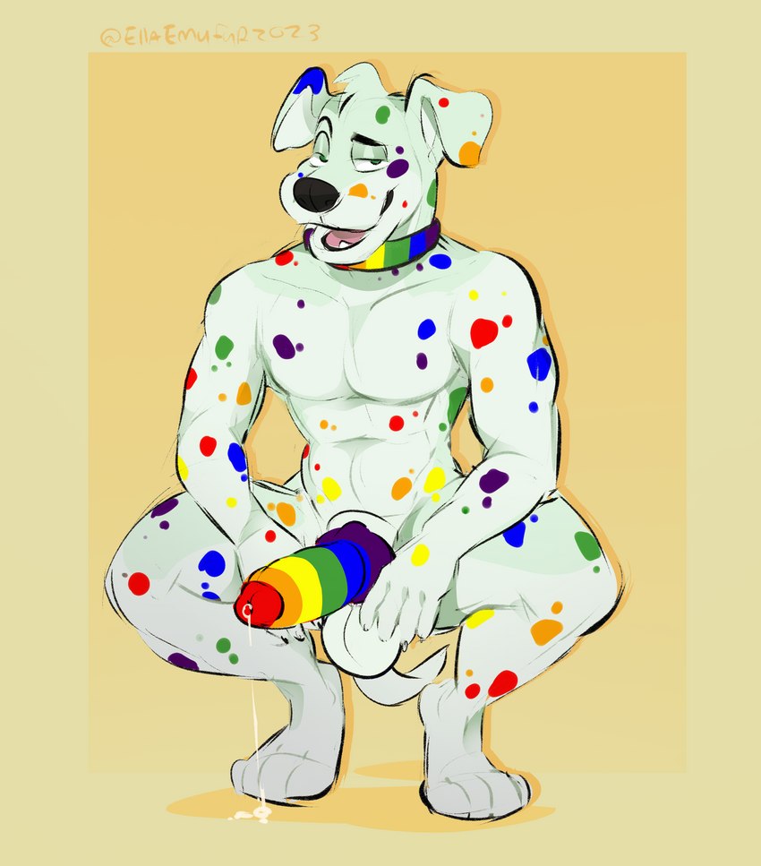 accessory animal_genitalia anthro balls black_nose blue_spots bodily_fluids claws clothing collar cum erection fur genital_fluids genitals green_spots hair leaking_cum lgbt_pride looking_at_viewer male markings multicolored_collar multicolored_genitals multicolored_penis nude open_mouth penis precum pride_color_accessory pride_color_collar pride_color_genitals pride_color_penis pride_colors rainbow_collar rainbow_penis rainbow_pride_colors rainbow_spots red_spots simple_background six-stripe_rainbow_pride_colors smile solo spots spotted_body tongue white_body white_fur yellow_spots emufur skittles_the_dalmatian canid canine canis dalmatian domestic_dog mammal absurd_res digital_media_(artwork) hi_res